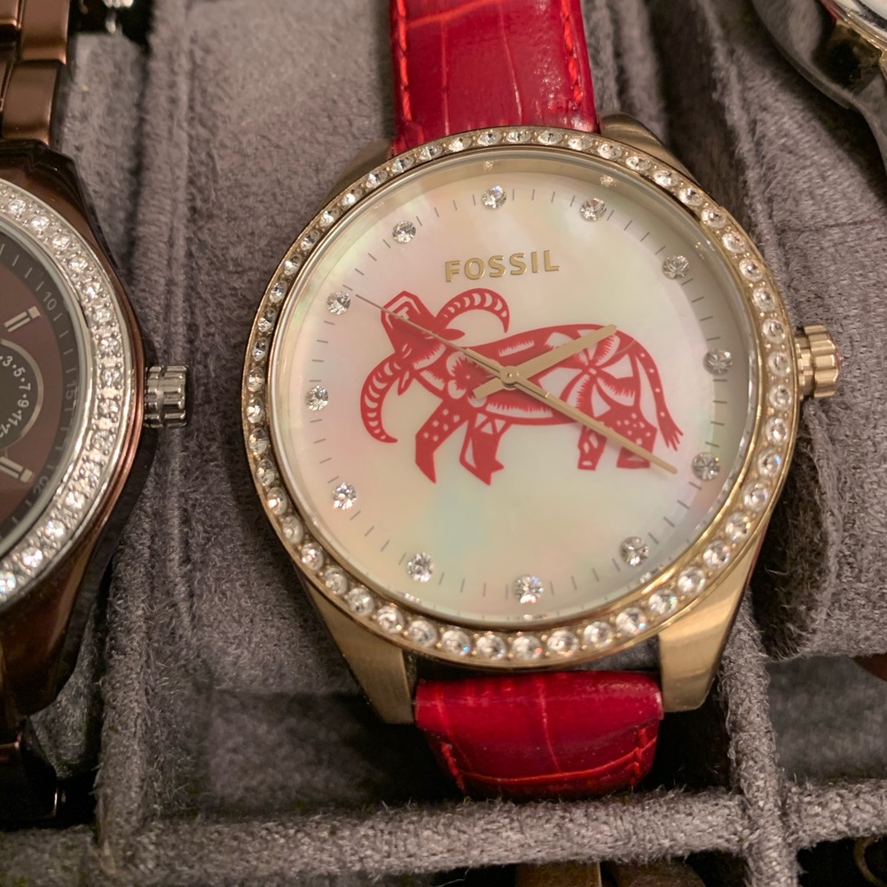 Fossil watch red leather band/bull design on face